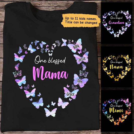 Apparel Blessed Mama Butterflies Colorful Heart Personalized Shirt Classic Tee / Black Classic Tee / S