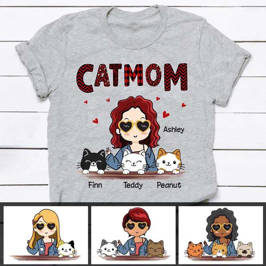 Apparel Cat Mom Red Patterned Chibi Girl Personalized Shirt Sweatshirt / Light Pink Sweatshirt / L