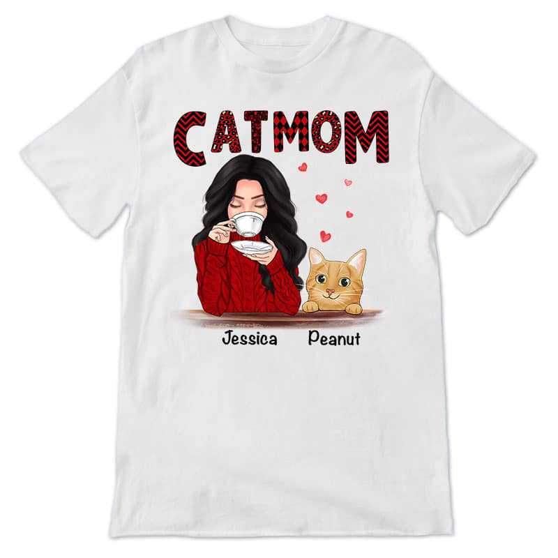 Apparel Cat Mom Red Patterned Smiling Cat Personalized Shirt