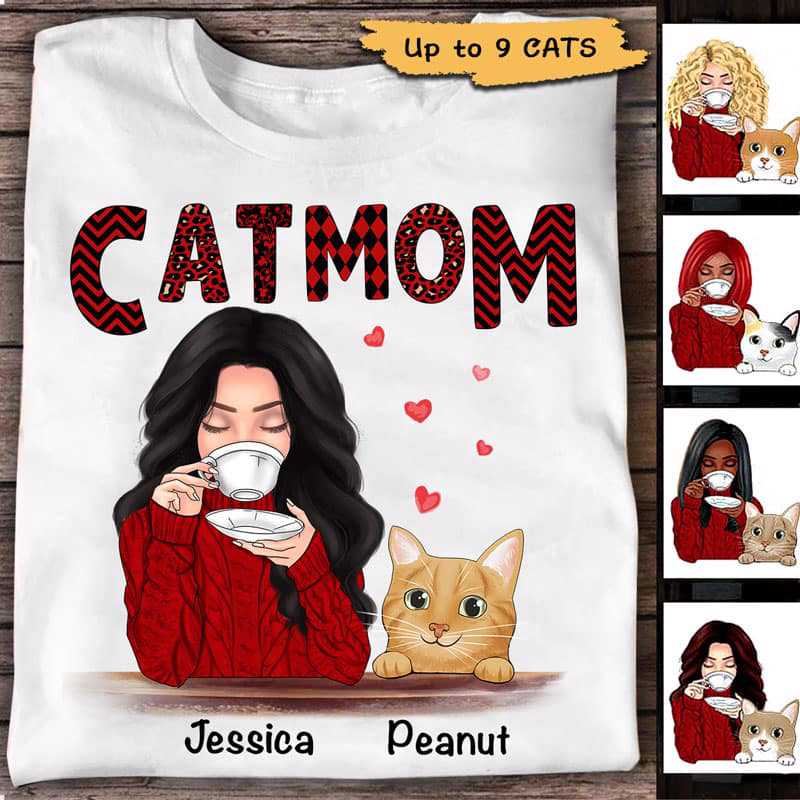 Apparel Cat Mom Red Patterned Smiling Cat Personalized Shirt Classic Tee / White Classic Tee / S
