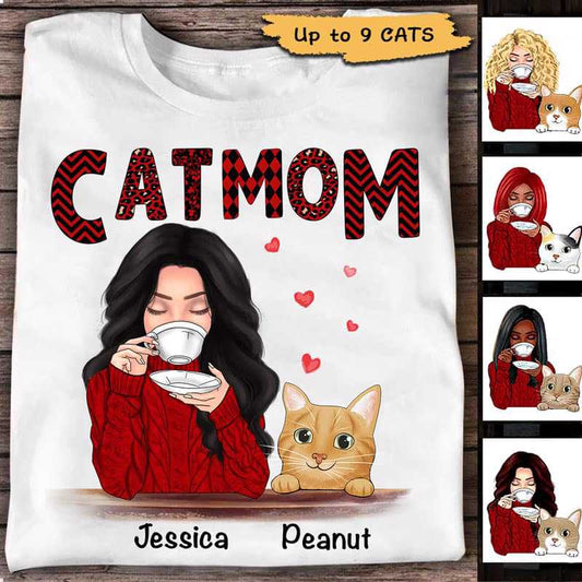 Apparel Cat Mom Red Patterned Smiling Cat Personalized Shirt Classic Tee / White Classic Tee / S