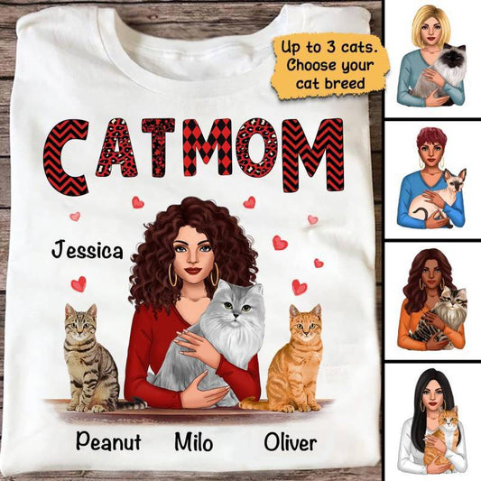Apparel Cat Mom Red Patterned Woman Holding Cat Personalized Shirt