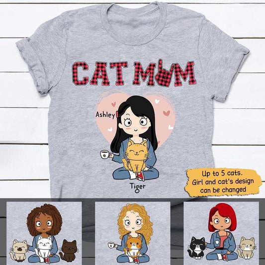 Apparel Cat Mom Red Plaid Chibi Girl And Sitting Cat Personalized Shirt Classic Tee / Ash Classic Tee / S