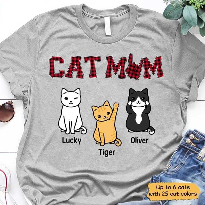 Apparel Cat Mom Red Plaid Sitting Cat Personalized Shirt Sweatshirt / Light Pink Sweatshirt / 3XL