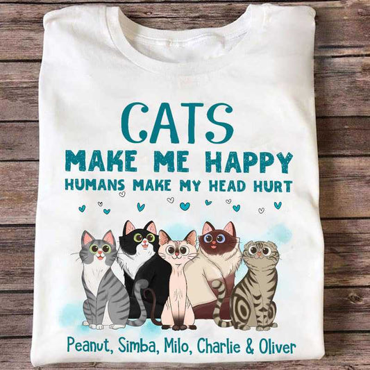 Apparel Cats Make Me Happy Sitting Cat Cartoon Personalized Shirt Classic Tee / White Classic Tee / S
