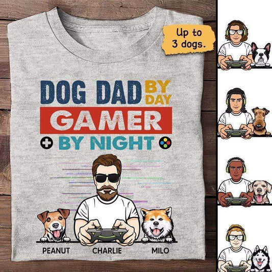 Apparel Dog Dad By Day Gamer By Night Personalized Shirt Classic Tee / Ash Classic Tee / S