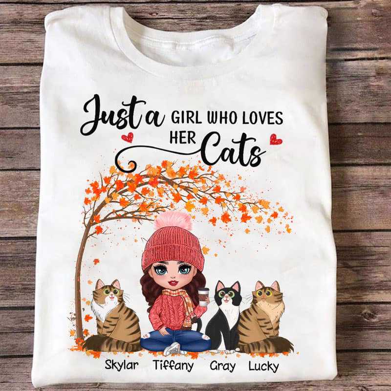Apparel Fall Season Doll Cat Mom Sitting Personalized Shirt Classic Tee / White Classic Tee / S