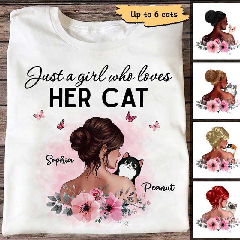 Apparel Girl Loves Her Cat Floral Personalized Shirt Classic Tee / White Classic Tee / S