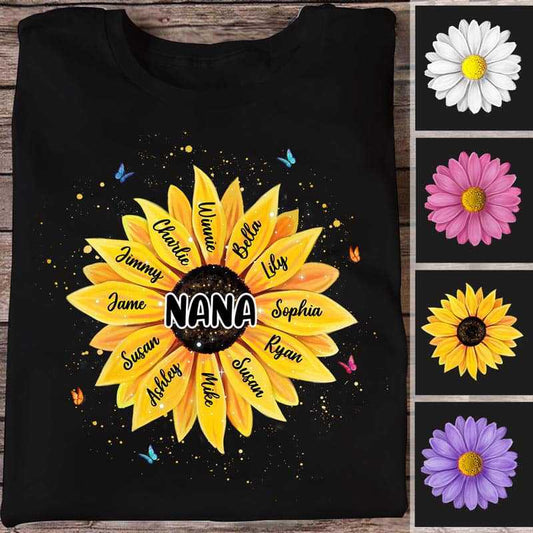 Apparel Grandma Flower Painting Grandkids Names Personalized Shirt Classic Tee / Black Classic Tee / S
