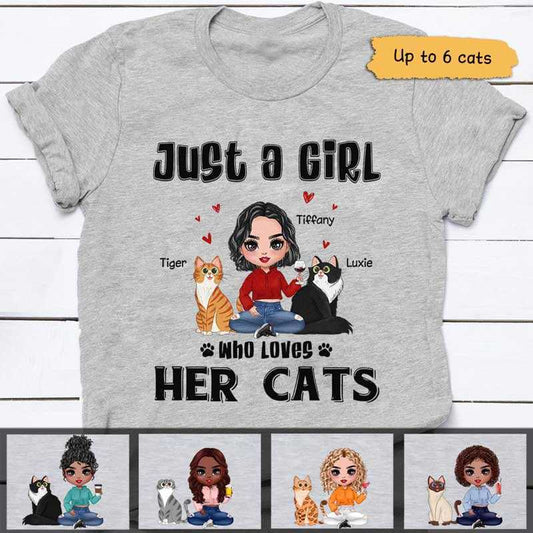 Apparel Just A Girl Loving Cats Sitting Doll Girl Personalized Shirt Classic Tee / Ash Classic Tee / S