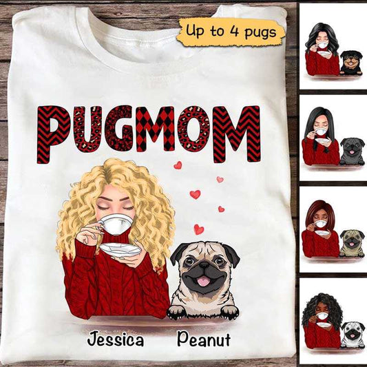 Apparel Pug Mom Red Patterned Dogs Personalized Shirt Classic Tee / White Classic Tee / S