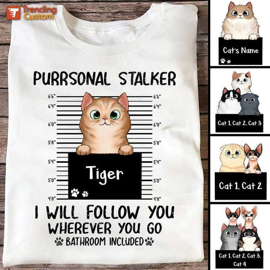 Apparel Purrsonal Stalker Peeking Fluffy Cat Personalized Shirt Classic Tee / White Classic Tee / S