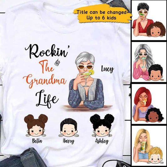 Apparel Rockin‘ The Mom Grandma Life Peeking Kids Cocktail Girl Personalized Shirt Classic Tee / White Classic Tee / S