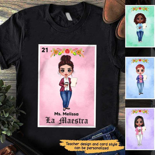 Apparel Teacher Maestra Loteria Card Personalized Shirt Classic Tee / Black Classic Tee / S