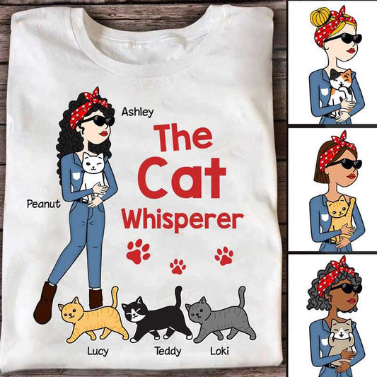 Apparel The Cat Whisperer Stick Lady and Walking Cat Personalized Shirt Classic Tee / White Classic Tee / S