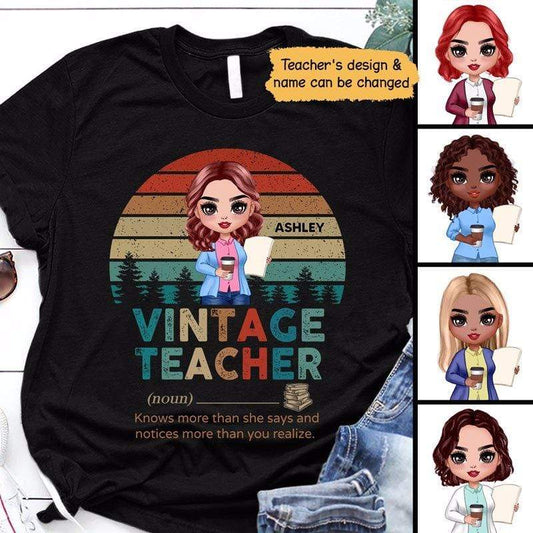 Apparel Vintage Doll Teacher Personalized Shirt Classic Tee / Black Classic Tee / S