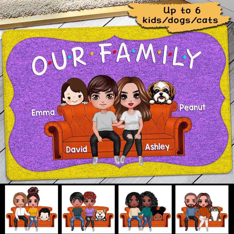 Purple And Yellow Couple Kids Dogs Cats Personalized Doormat