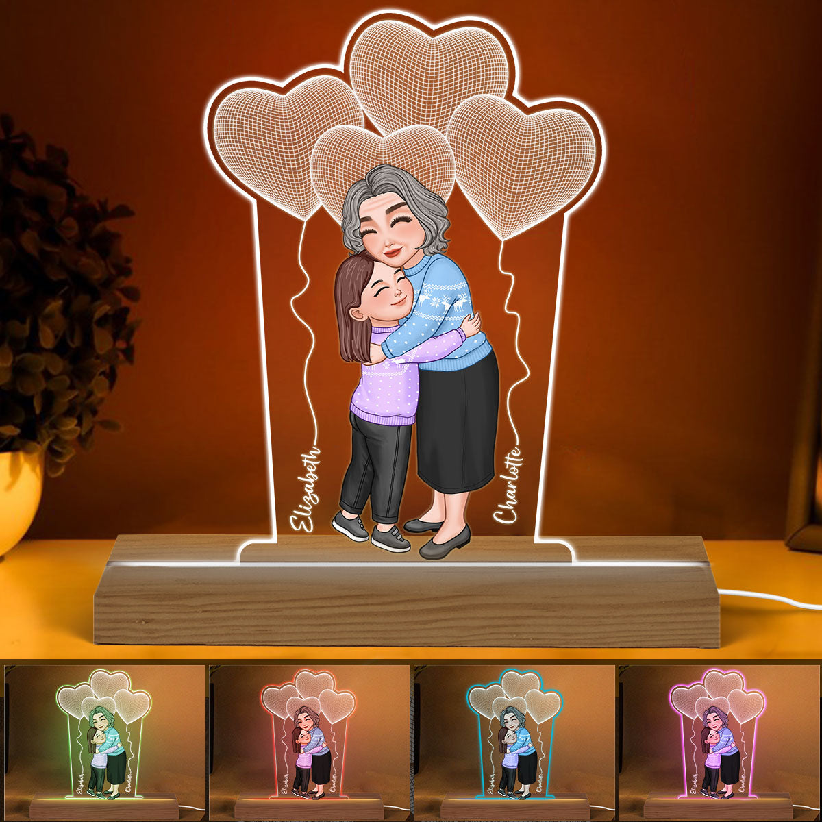 Grandma Grandkid Hugging Under 3D Balloons Personalized Custom Shaped Acrylic Plaque With LED Night Light