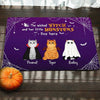 Halloween Wicked Witch & Little Monsters Sitting Fluffy Cat Personalized Doormat