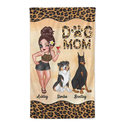 Dog Mom Leopard Pretty Woman Cute Sitting Dog Personalized Beach Towel