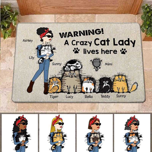 Doormat Crazy Cat Lady Live Here Stick Woman & Cat Personalized Doormat 18x30