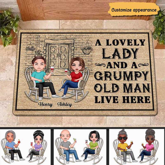 Doormat Doll Lovely Lady & Grumpy Old Man Live Here Personalized Doormat 16x24