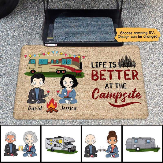 Doormat Happy Campers Camping Chibi Couple Personalized Doormat 16x24