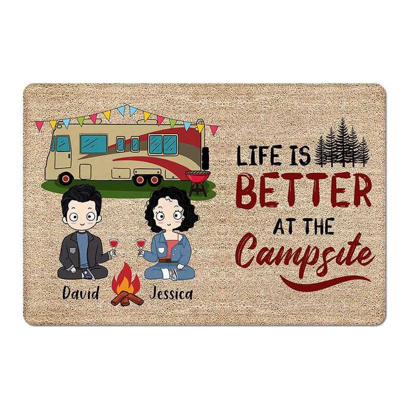 Doormat Happy Campers Camping Chibi Couple Personalized Doormat