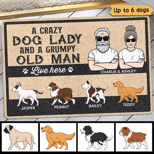 Crazy Dog Lady & Grumpy Old Man Walking Dog Personalized Doormat