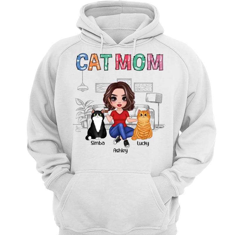Colorful Pattern Cat Mom Doll Woman Sitting In House Personalized Hoodie Sweatshirt