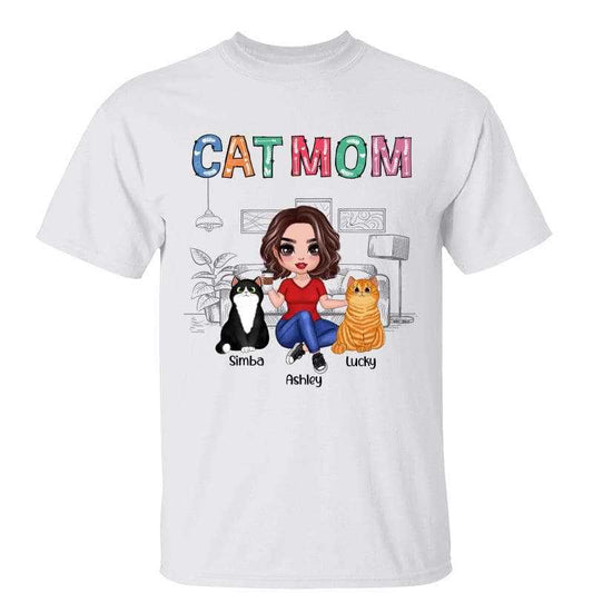 Colorful Pattern Cat Mom Doll Woman Sitting In House Personalized Shirt