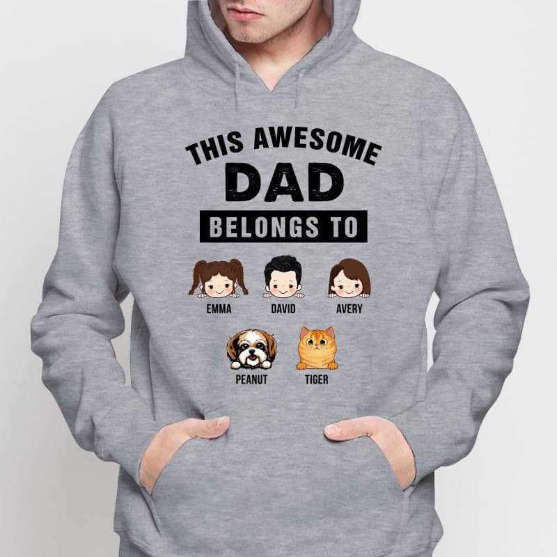 Dad Belongs To Kids Dogs Cats Father‘s Day Gift Personalized Hoodie Sweatshirt