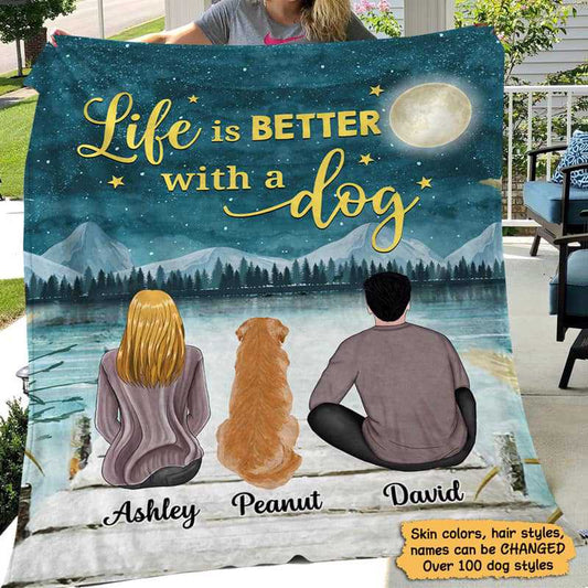 Fleece Blanket Couple And Dog Under Moonlight Personalized Fleece Blanket 60" x 80" - BEST SELLER