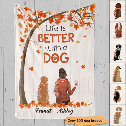Fleece Blanket Fall Season Life Is Better With A Dog Personalized Dog Fleece Blanket 60" x 80" - BEST SELLER