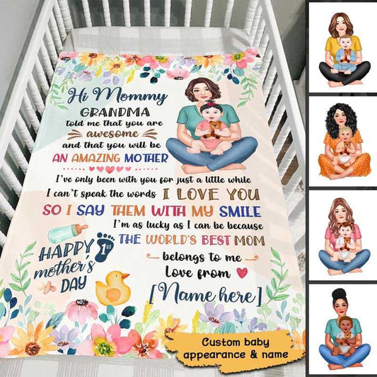 Fleece Blanket Happy First Mother‘s Day Doll Mom And Kid Personalized Fleece Blanket 30" x 40"