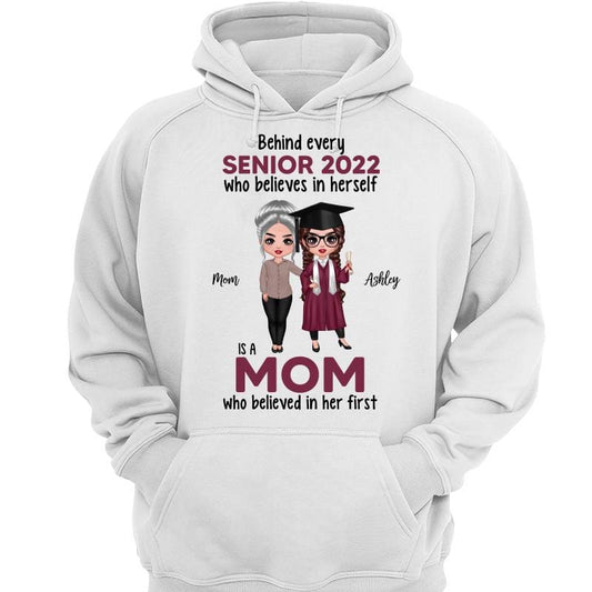 Hoodie & Sweatshirts Behind Senior Is Mom Doll Graduation Gift Personalized Hoodie Sweatshirt Hoodie / White Hoodie / S