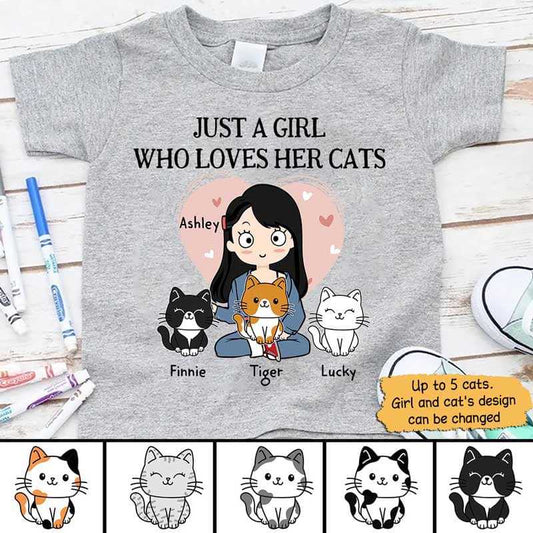 Kid Apparel Just A Girl Loves Cats Personalized Youth Shirt Youth Tee / YXS / Ash