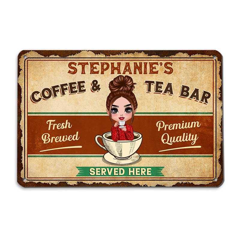 Metal Sign Coffee Bar Doll Girl Personalized Metal Sign 12"x8"