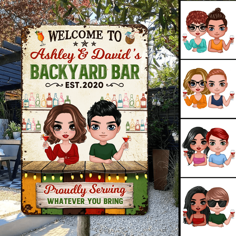 Metal Sign Summer Doll Couple Welcome To Backyard Bar Personalized Metal Sign