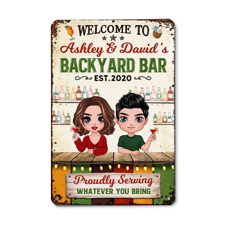 Metal Sign Summer Doll Couple Welcome To Backyard Bar Personalized Metal Sign 8"x12"