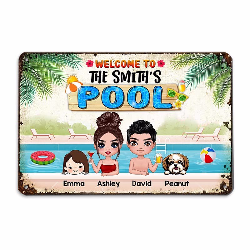 Metal Sign Welcome To Family Pool Kids Dogs Cats Personalized Metal Sign 12"x8"