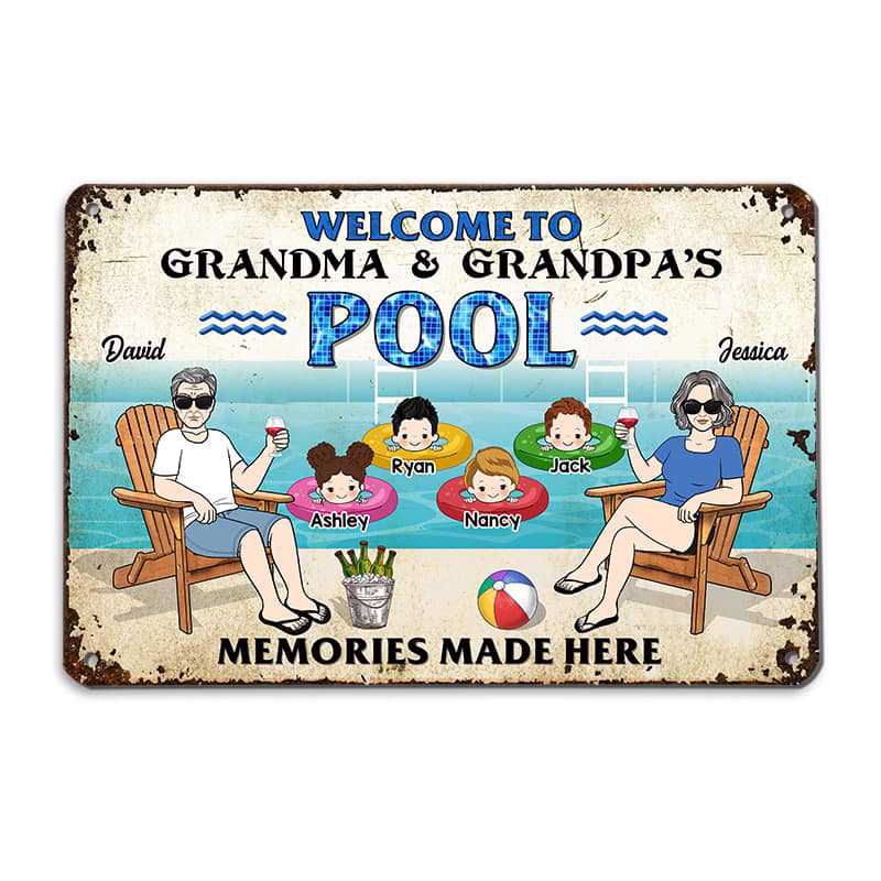 Metal Sign Welcome To Grandparents Pool With Grandkids Personalized Metal Sign 12"x8"