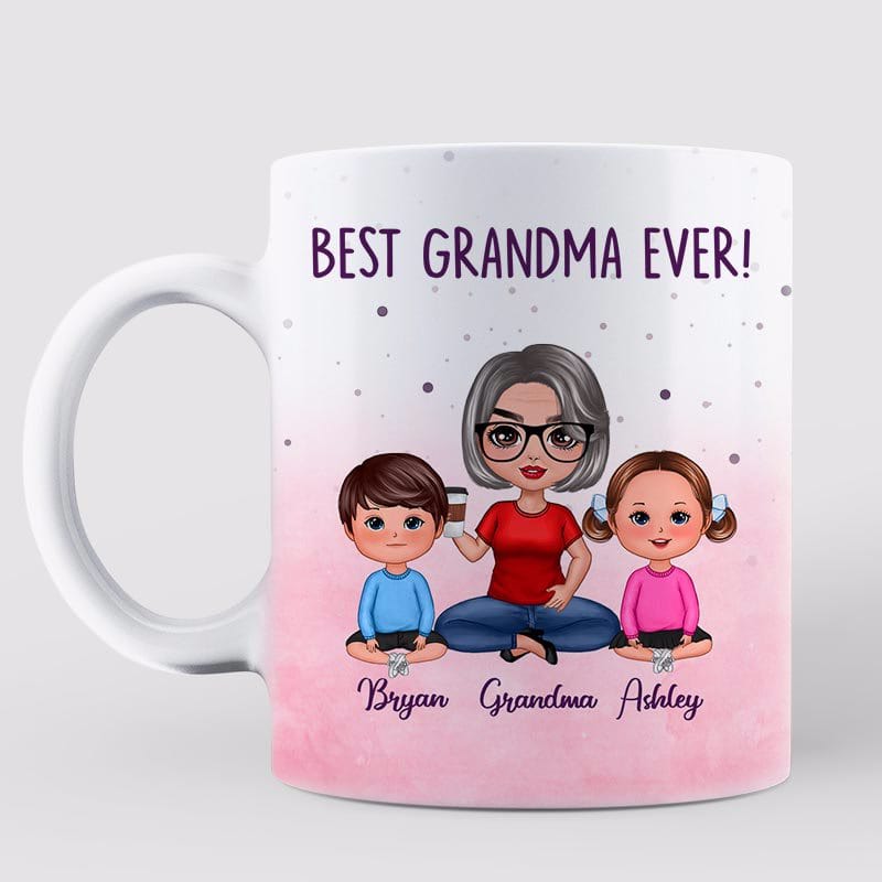 Mug Best Grandma Ever Doll Grandma & Kid Watercolor Personalized Mug