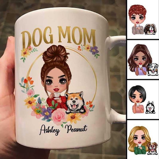 Mug Dog Mom Floral Circle Gift Personalized Mug Ceramic Mug / White / 11oz