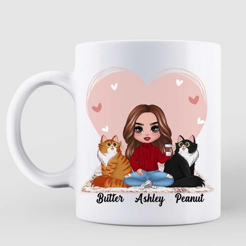 Mug Doll Girl Pink Heart Gift For Cat Lovers Personalized Mug