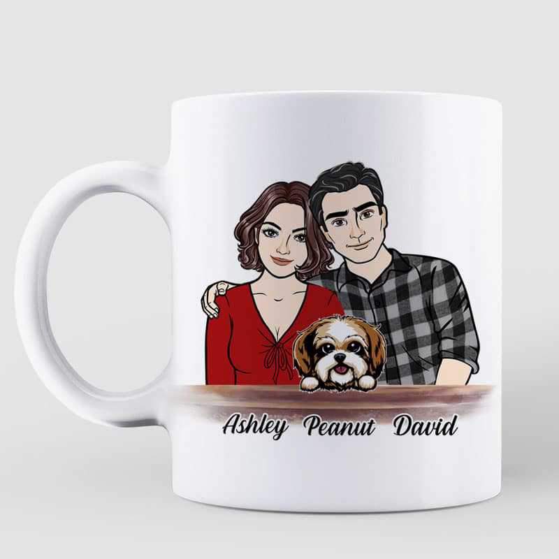 Mug Front View Couple Embrace And Dogs You Me And The Dogs Personalized Mug