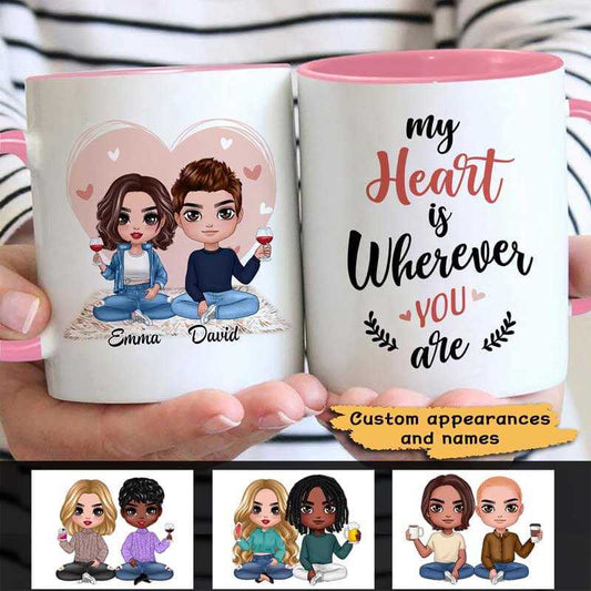 Mug Pink Heart Doll Couple Sitting Valentine‘s Day Gift For Him For Her Personalized Mug Ceramic Mug / White / 11oz