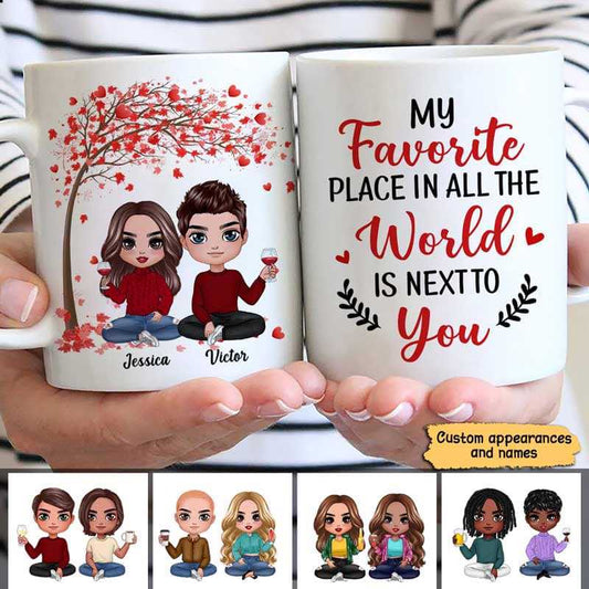 Mug Red Tree Doll Couple Sitting Valentine‘s Day Gift For Him For Her Personalized Mug Ceramic Mug / White / 11oz