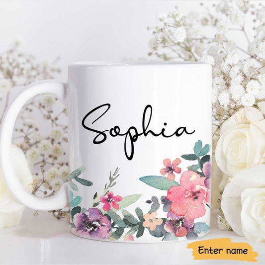 Mug Watercolor Flower Name Gift For Her Gift For Woman Personalized Coffee Mug AOP Mug / White / 11oz