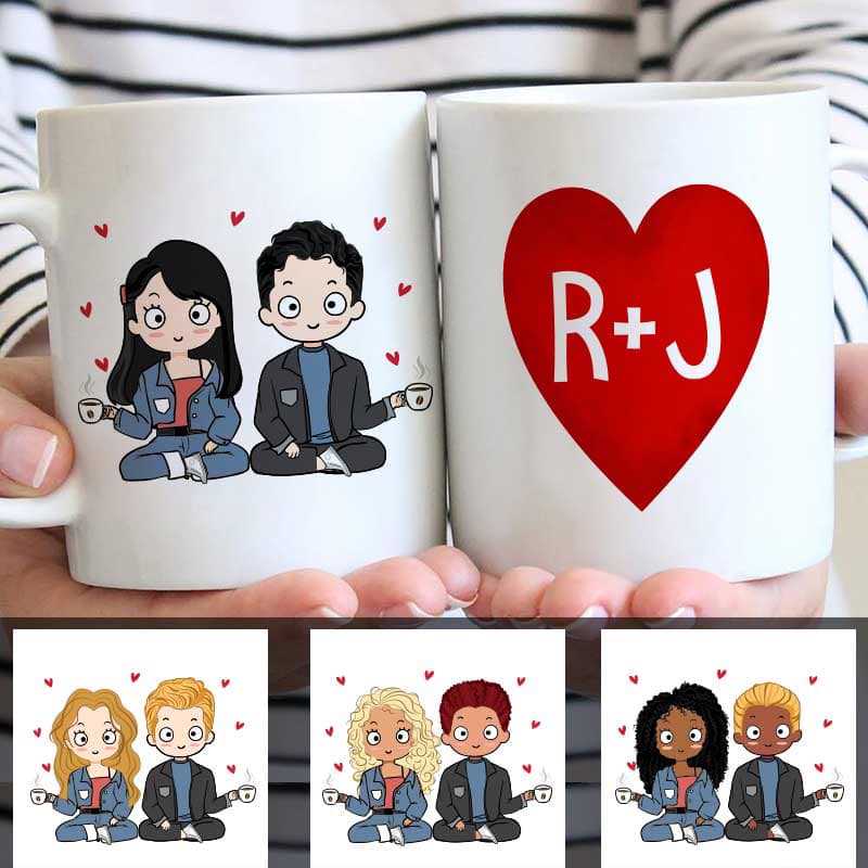 Mugs Chibi Couple Love Heart Initial Personalized Coffee Mug 11oz